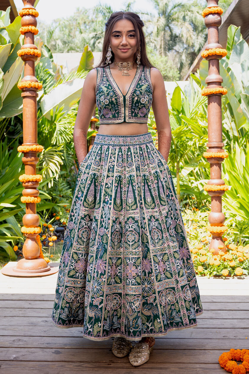 Flora Forest SEWA Hand-embroidered Skirt Set - Green, , image 1